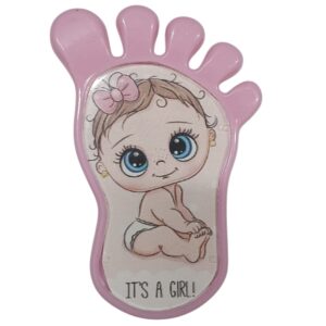 Магнит метрика форма детской ножки pink